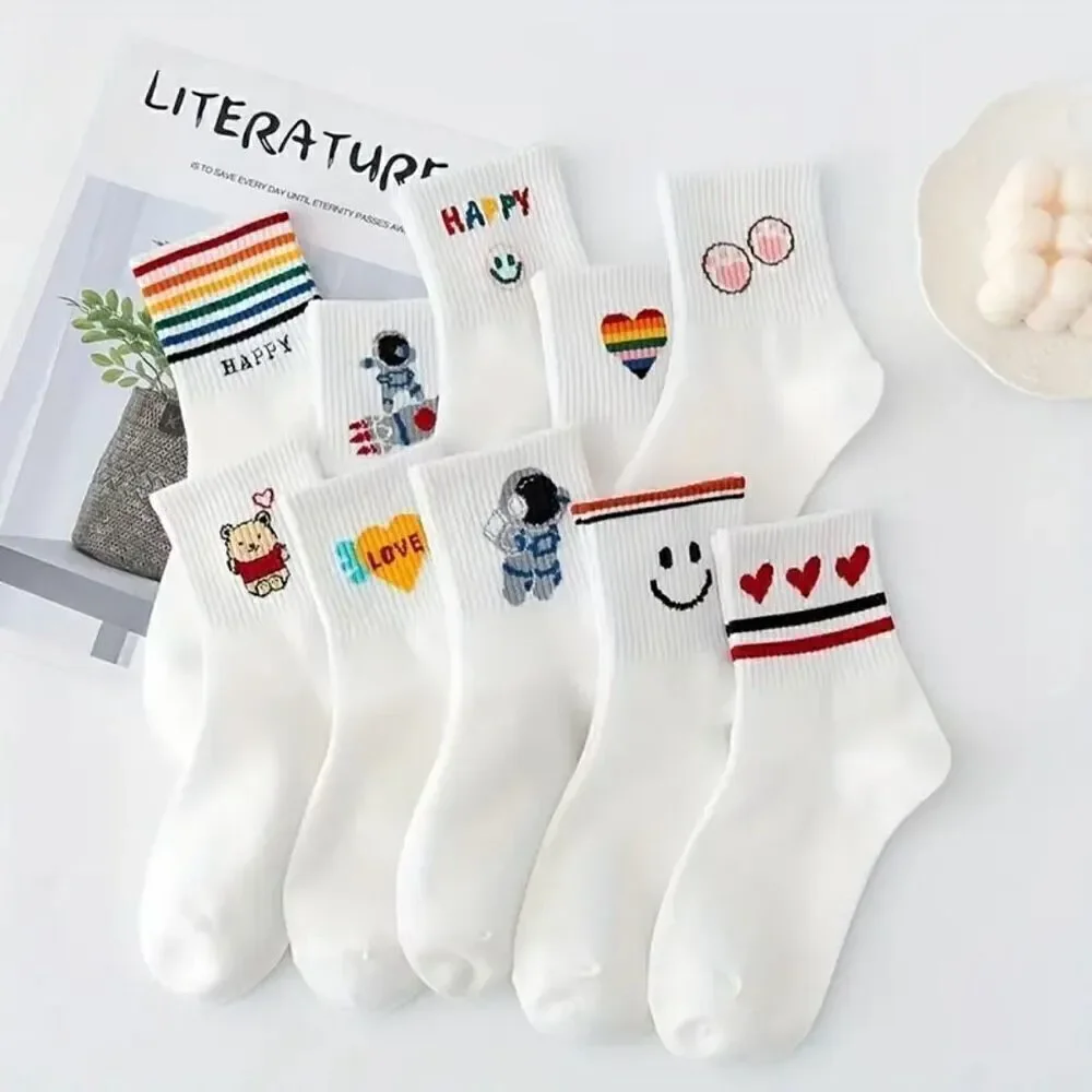 10 Pairs of Whimsical Cartoon Print Socks Soft Breathable and Comfy Womens New